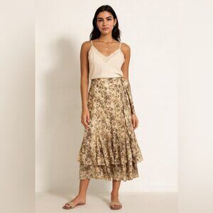 Vtg Camelot Floral Maxi Skirt Beige Brown Size S Ruffle Boho Romantic Style